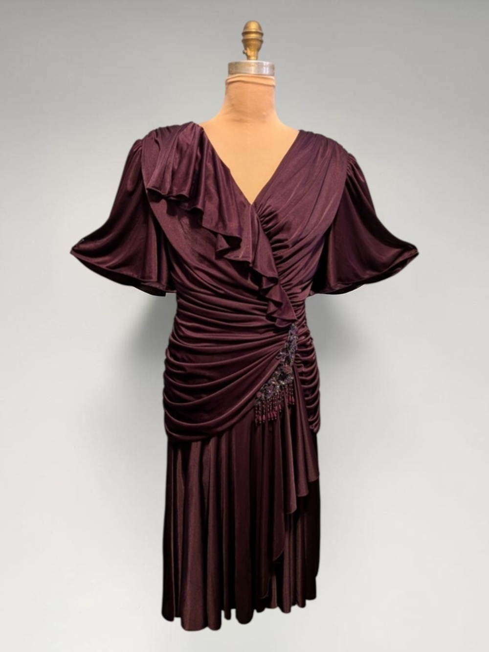 Vintage 80s Plum Beaded V-Neck Knit Midi Dress w. Draped Ruffle Size Large-XL